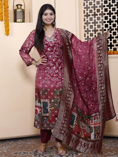women maroon long sleeve kurta pant with dupatta set - 21901612 - Very Small Image - 1