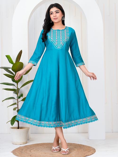 women embroidered three quarter sleeve flared ethnic dress - 21905848 - Very Small Image - 1