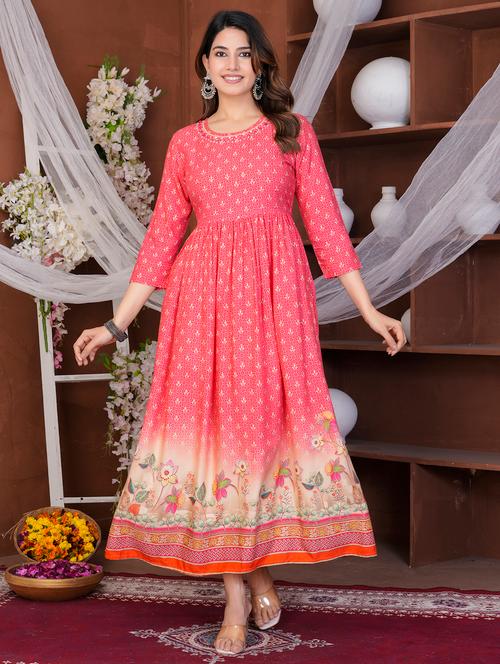 women printed three quarter sleeve flared ethnic dress - 21905856 - Very Small Image - 1