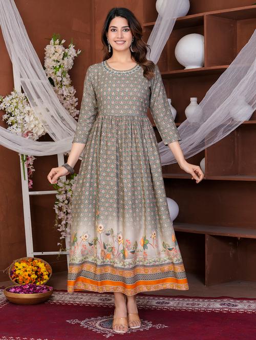 women printed three quarter sleeve flared ethnic dress - 21905857 - Very Small Image - 1