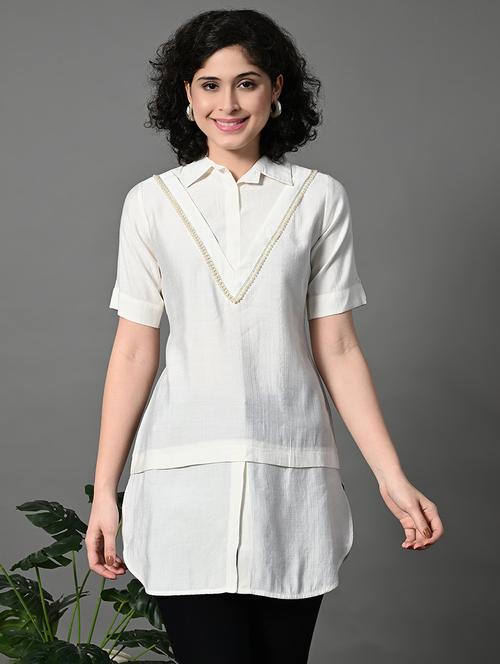 women solid collared longline regular top - 21908455 - Very Small Image - 1