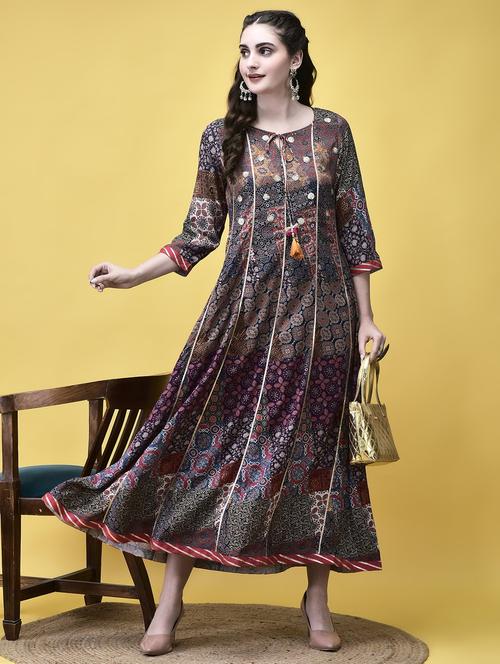 women printed three quarter sleeve ethnic dress - 21913450 - Very Small Image - 1
