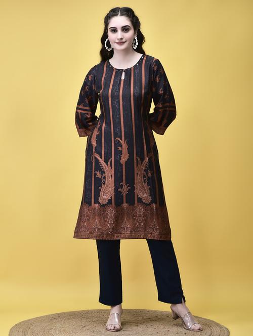 women navy blue printed key hole a-line kurta - 21913553 - Very Small Image - 1