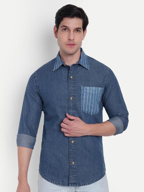 Men Solid Collared Long Sleeves Denim Shirt - 21916289 - Very Small Image - 1
