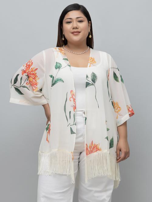 women plus size floral printed fringed hem shrug - 21918349 - Very Small Image - 1