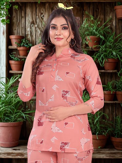 womn printed mandarin neck co-ord set - 21923673 - Very Small Image - 1