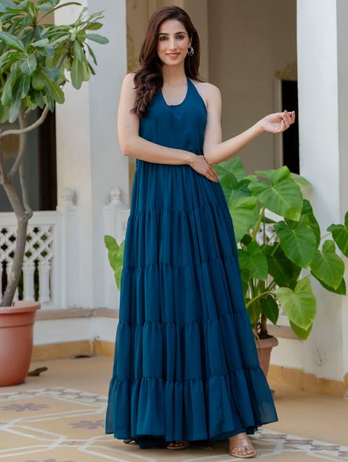 women teal solid halter neck tiered dress - 21924930 - Very Small Image - 1