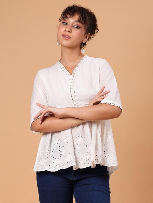 women ehite solid schiffli peplum top - 21926160 - Very Small Image - 1