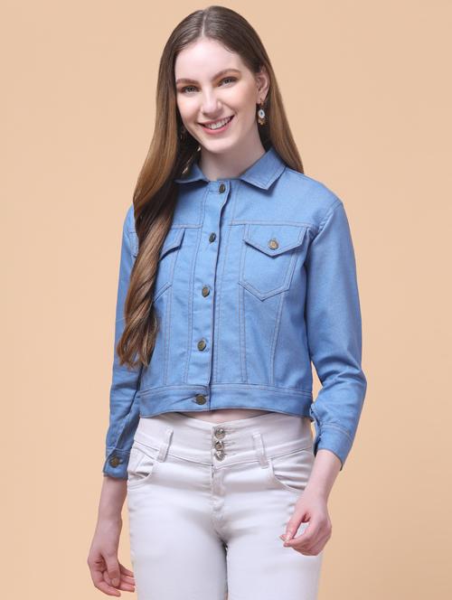 women solid long sleeves crop denim jacket - 21932773 - Very Small Image - 1