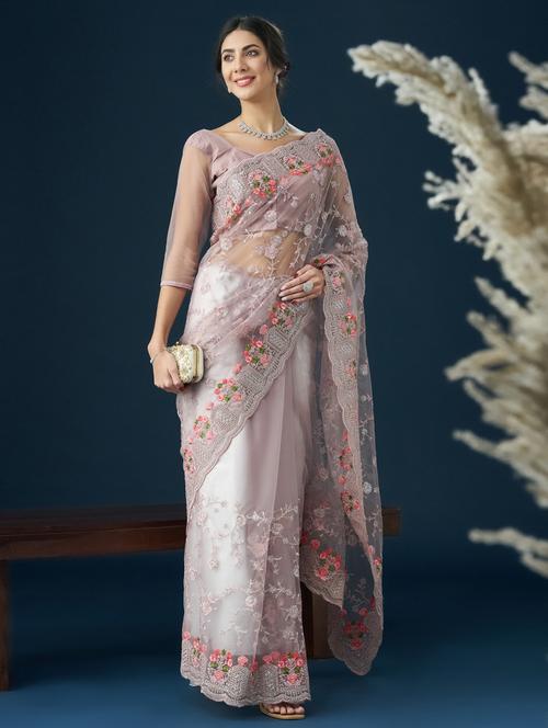 women solid with work embroidered saree with blouse - 21938977 - Very Small Image - 1