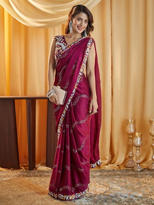 women solid with work embroidered saree with blouse - 21938979 - Very Small Image - 1