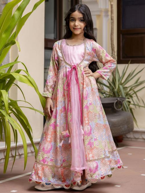 girls pink printed long sleeve anarkali kurta - 21941000 - Very Small Image - 1