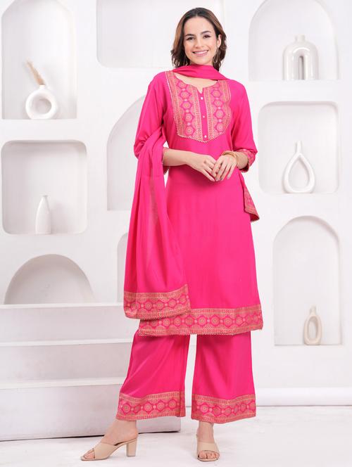 women three quarter sleeve kurta palazzo with dupatta set - 21941695 - Very Small Image - 1