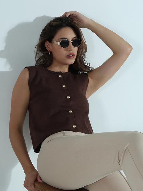 women brown solid sleveeless vest top - 21941902 - Very Small Image - 1
