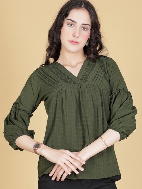 women olive solid three quarter sleeve regular top - 21948086 - Very Small Image - 1