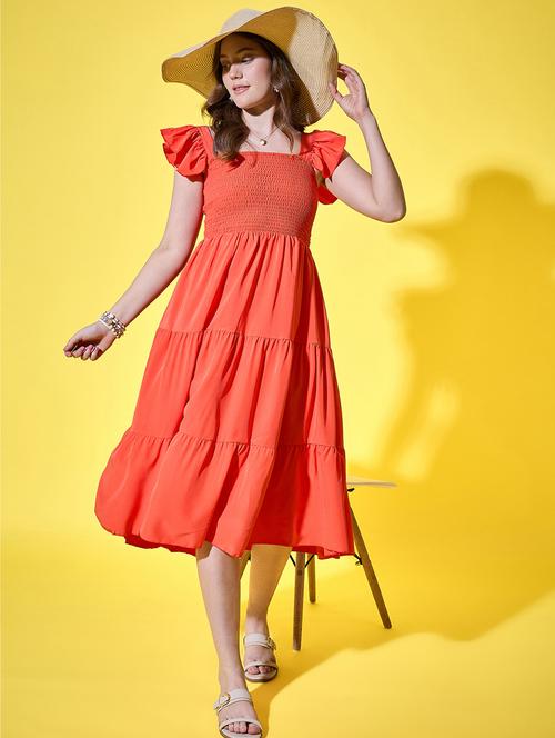 women solid ruffle sleeve calf length tiered dress - 21948421 - Very Small Image - 1