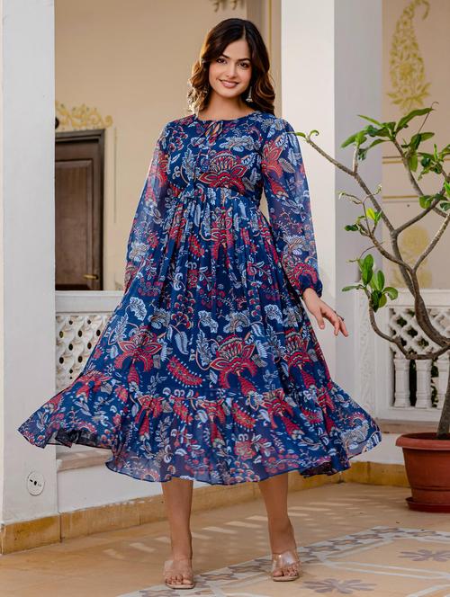 women blue printed long sleeve tiered dress - 21949585 - Very Small Image - 1