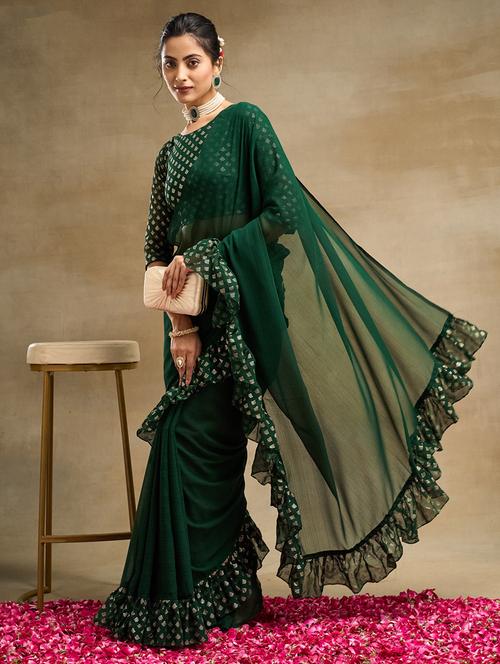 women solid with ruffle bordered saree with blouse - 21949606 - Very Small Image - 1