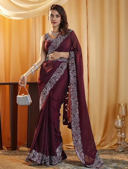 women solid with work embellished saree with blouse - 21949624 - Very Small Image - 1