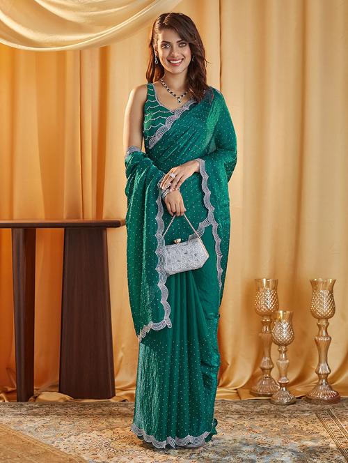 women solid with work embellished saree with blouse - 21949632 - Very Small Image - 1