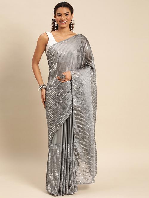 women solid with work embellished saree with blouse - 21949647 - Very Small Image - 1