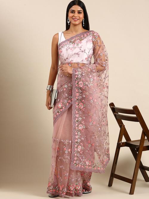 women solid with work embroidered saree with blouse - 21949664 - Very Small Image - 1