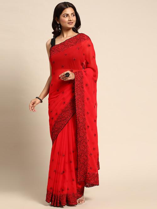 women solid with work embroidered saree with blouse - 21949778 - Very Small Image - 1