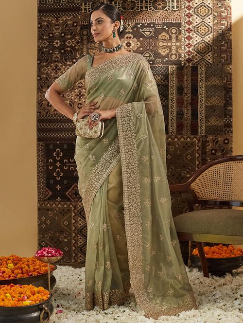 women solid with work embroidered saree with blouse - 21949797 - Very Small Image - 1