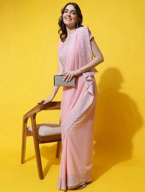 women solid with work embroidered saree with blouse - 21949829 - Very Small Image - 1