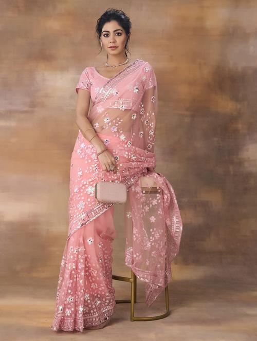 women solid with work embellished saree with blouse - 21949835 - Very Small Image - 1