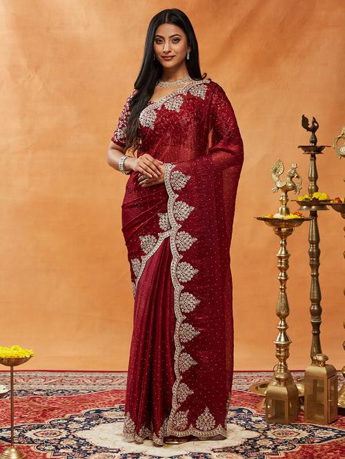 women solid with work embroidered saree with blouse - 21949839 - Very Small Image - 1