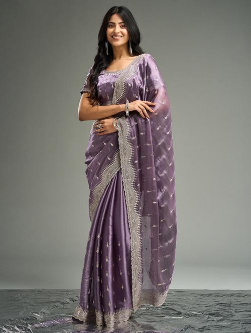 women solid with work embroidered saree with blouse - 21949864 - Very Small Image - 1