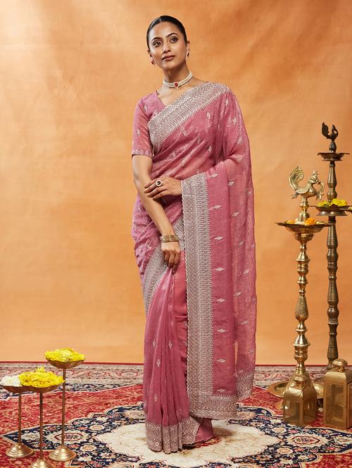 women solid with work embroidered saree with blouse - 21949880 - Very Small Image - 1