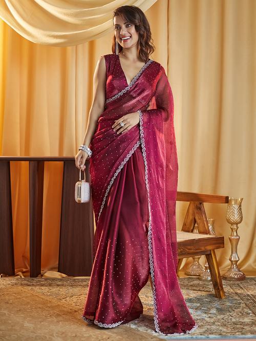 women solid with work embellished saree with blouse - 21949962 - Very Small Image - 1