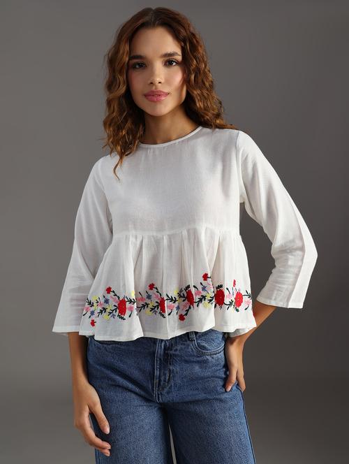 Women White Embroidered Flared Top - 21952073 - Very Small Image - 1