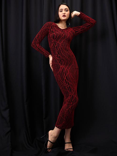 globus women red self design v-neck long sleeves embellished bodycon maxi party dress - 21955865 - Very Small Image - 1