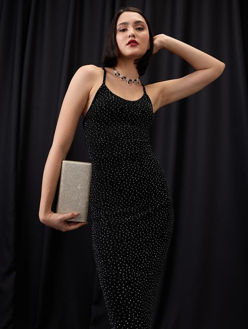 globus women black scoop neck strappy shoulder rhinestone embellished midi bodycon party dress - 21955868 - Very Small Image - 1