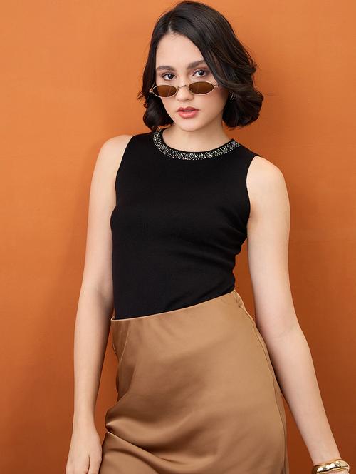 globus women black jewel neck embellished detail ribbed tank top - 21955883 - Very Small Image - 1