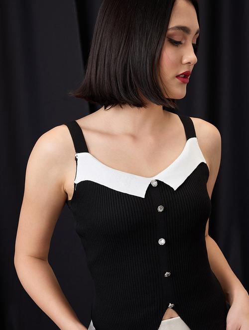 globus women black round neck strappy sleeves asymmetric hem ribbed vest top - 21955886 - Very Small Image - 1