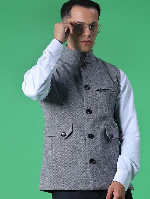 men self design sleeveless regular fit nehru jacket - 21961960 - Very Small Image - 1