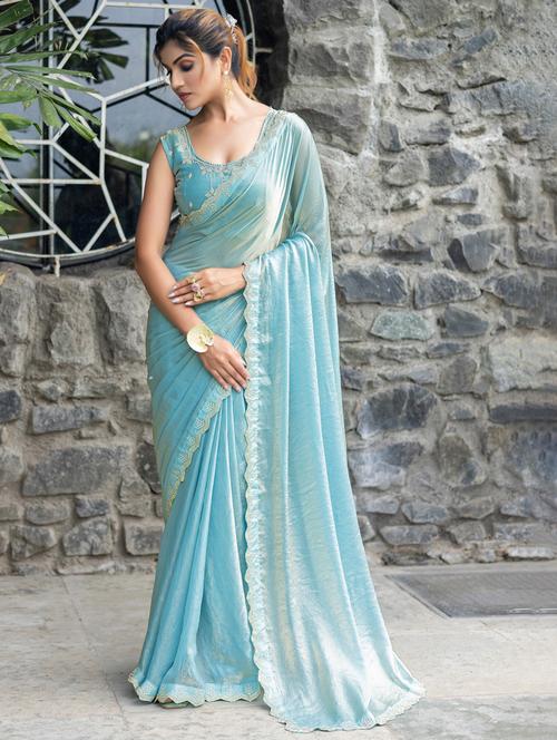 women solid with embellished bordered saree with blouse - 21962561 - Very Small Image - 1