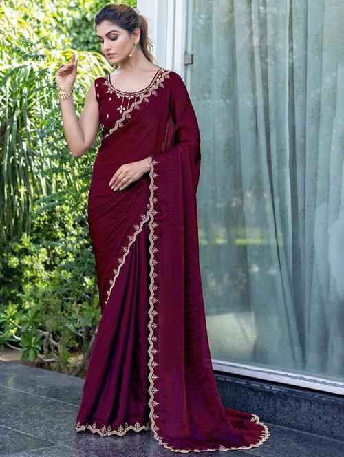 women solid with embellished bordered saree with blouse - 21962564 - Very Small Image - 1