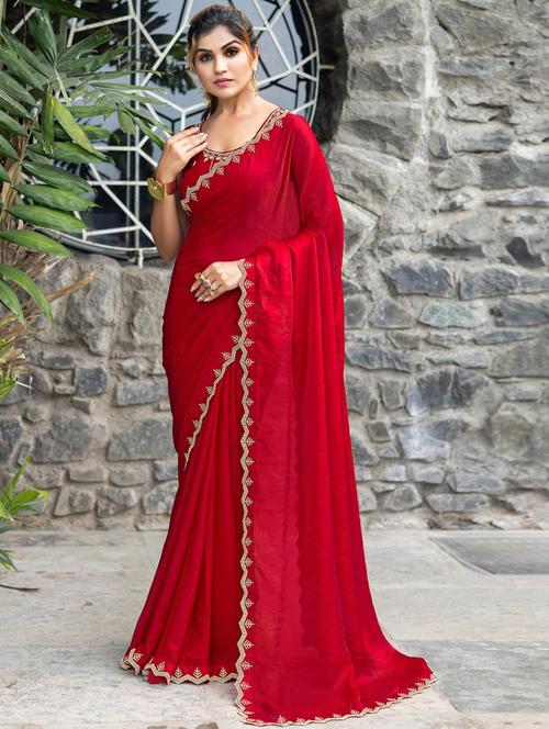 women solid with embellished bordered saree with blouse - 21962571 - Very Small Image - 1
