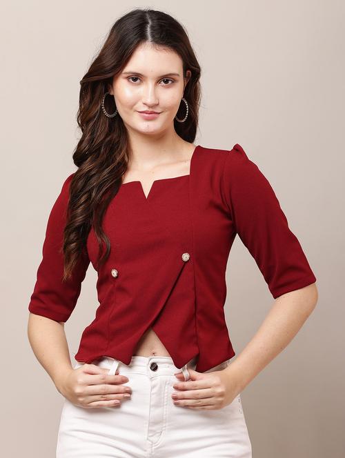 women maroon solid puff sleeve crop top - 21963307 - Very Small Image - 1