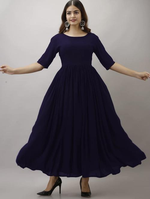 women navy blue solid elbow sleeve anarkali ethnic dress - 21966824 - Very Small Image - 1