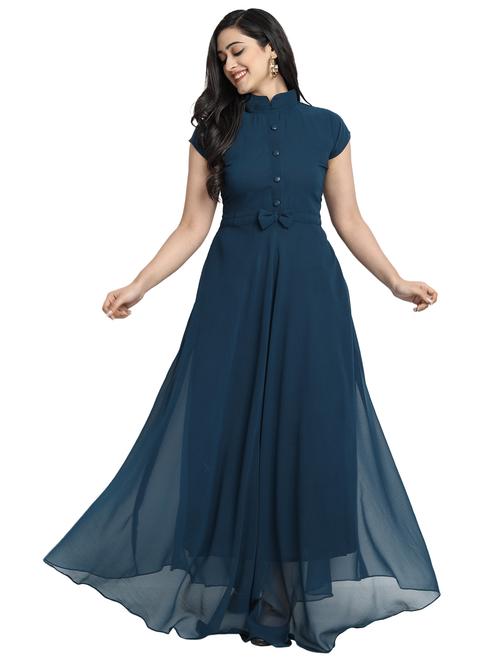 women solid mandarin neck fit & flare dress - 21972563 - Very Small Image - 1