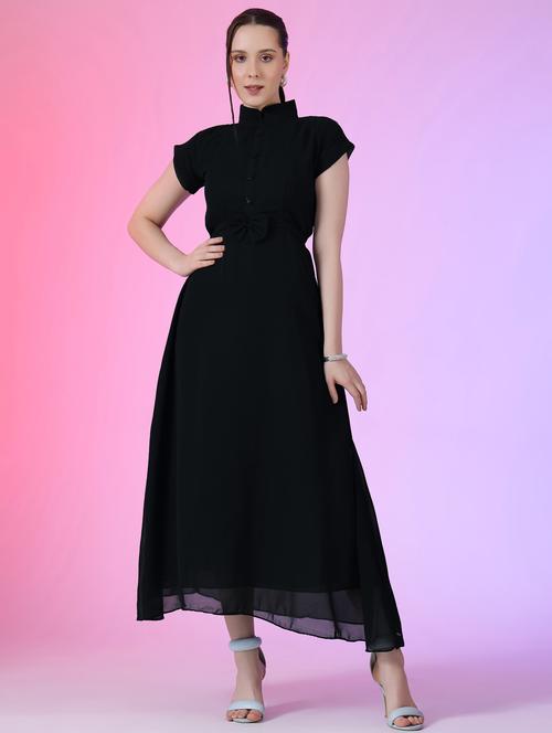 women solid mandarin neck fit & flare maxi dress - 21972587 - Very Small Image - 1