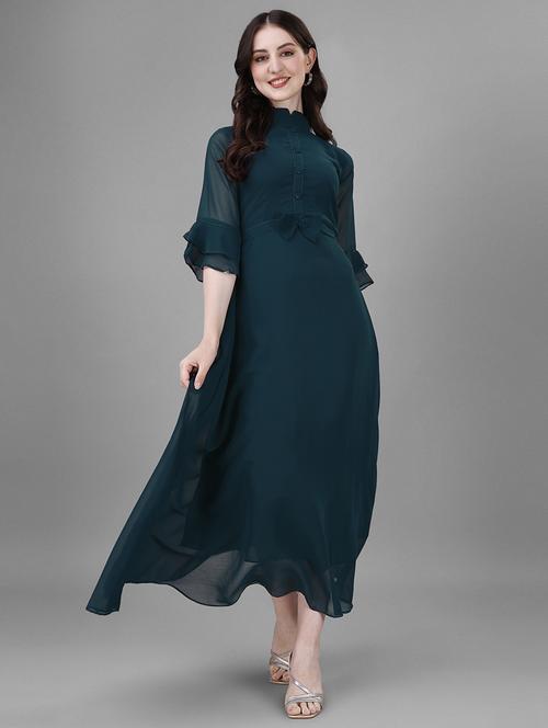 women solid mandarin neck fit & flare dress - 21972606 - Very Small Image - 1