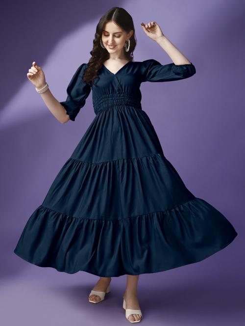 women solid puff sleeve tiered maxi dress - 21972886 - Very Small Image - 1