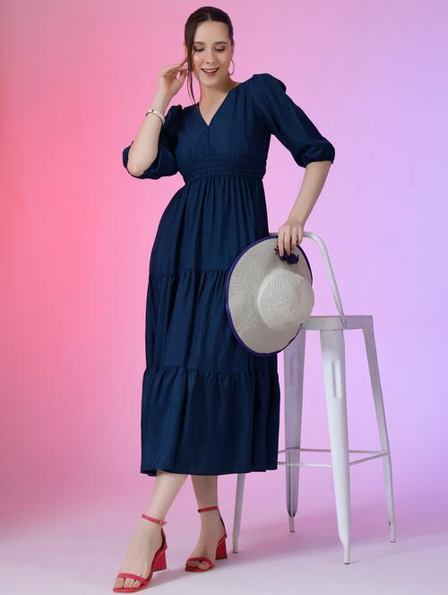 women solid puff sleeve tiered maxi dress - 21972890 - Very Small Image - 1